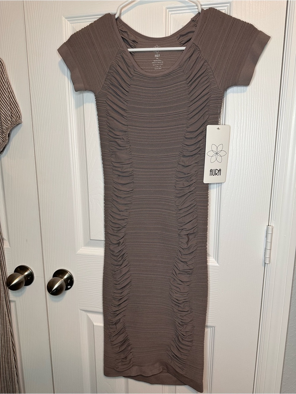Aura Taupe Ruched Short Sleeve Midi Dress